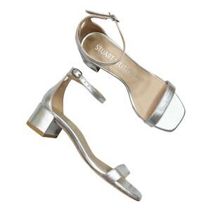 NEW Stuart Weitzman | Nudistcurve 35 Block Heel Sandals Silver Leather Size 6